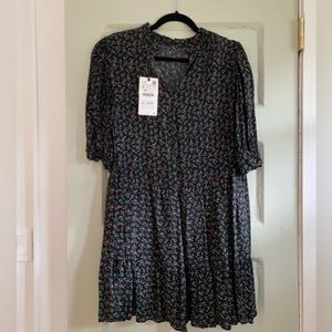 Zara black floral patterned shirt sleeve dress